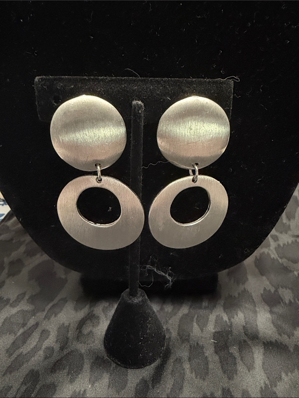 Silver-Tone Modern Drop Clip-on Earrings - Brushed Double Circle